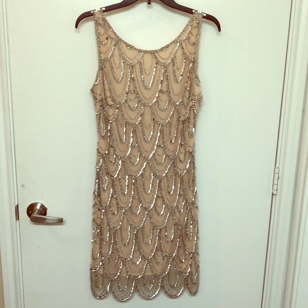 ModCloth Champagne Art Deco Dress w/Silver beading